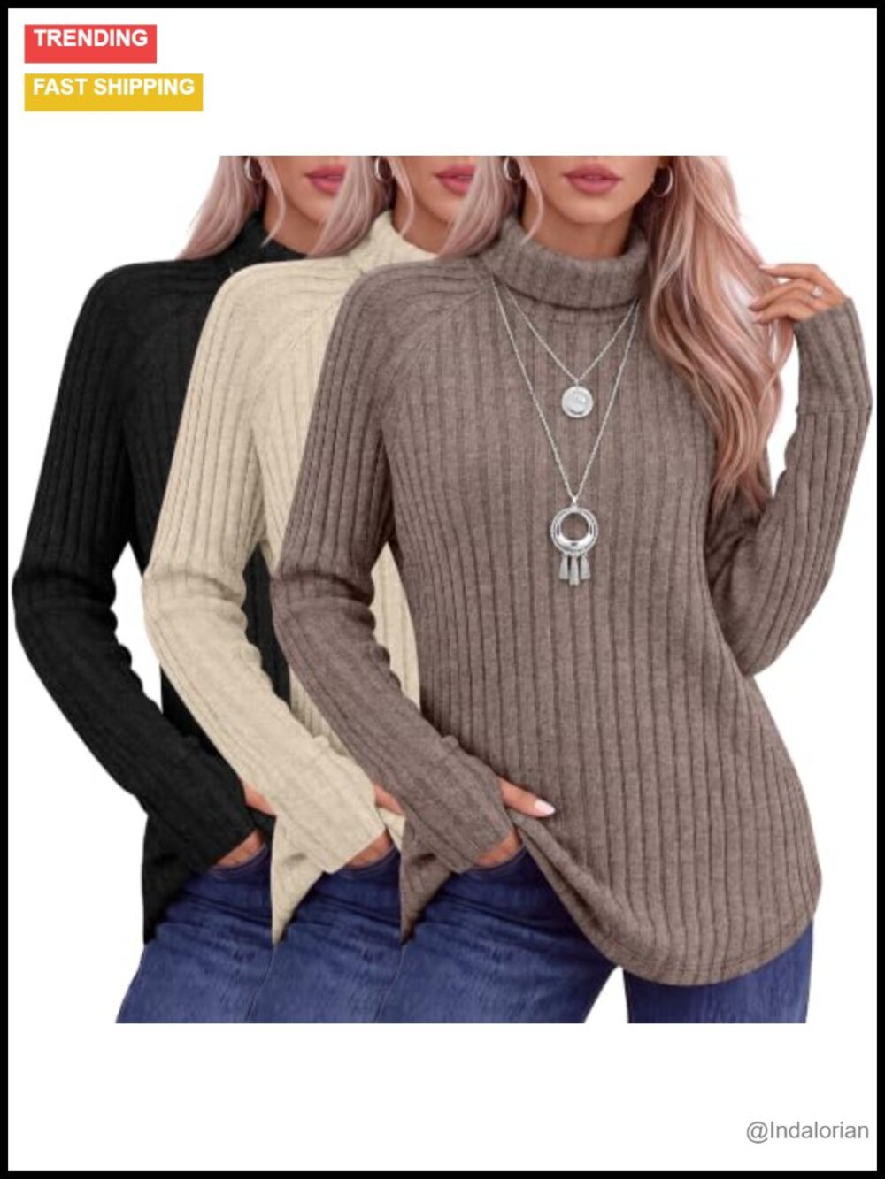 3 Pack Womens Turtleneck Tunic Sweaters with Thumb Holes